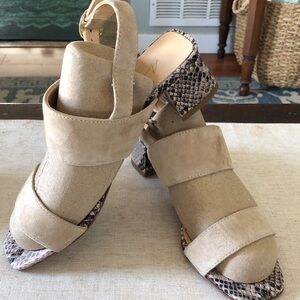 Beige Suede Block Heel Sandals with Snake-Print Detail
